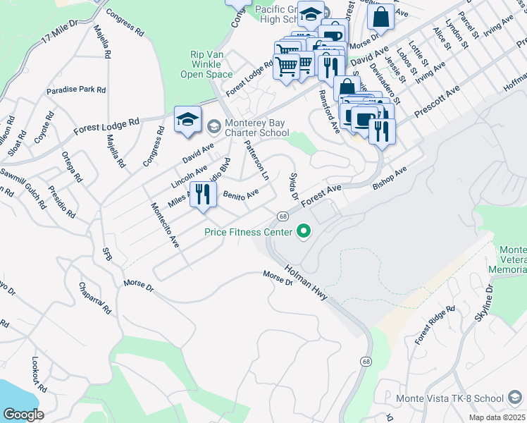 map of restaurants, bars, coffee shops, grocery stores, and more near 1230 Presidio Boulevard in Pacific Grove
