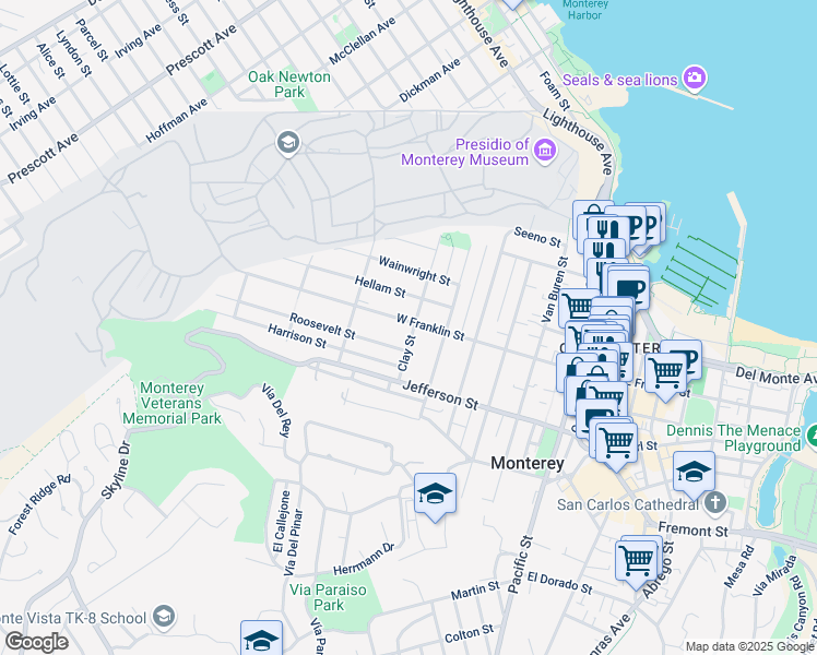 map of restaurants, bars, coffee shops, grocery stores, and more near 901 West Franklin Street in Monterey