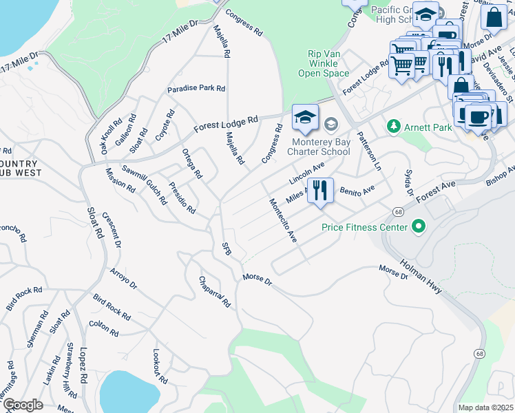 map of restaurants, bars, coffee shops, grocery stores, and more near 1313 Lincoln Avenue in Pacific Grove