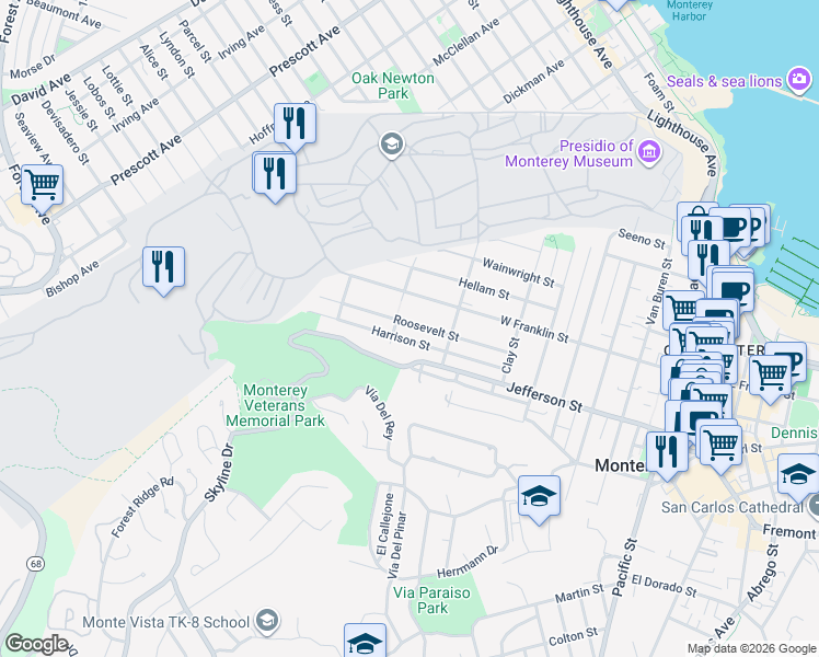 map of restaurants, bars, coffee shops, grocery stores, and more near 1071 Roosevelt Street in Monterey
