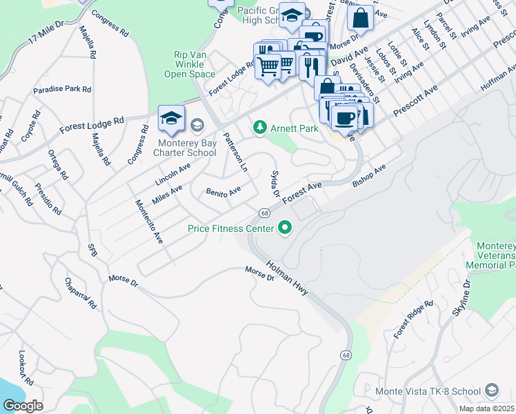map of restaurants, bars, coffee shops, grocery stores, and more near 1001 Funston Avenue in Pacific Grove