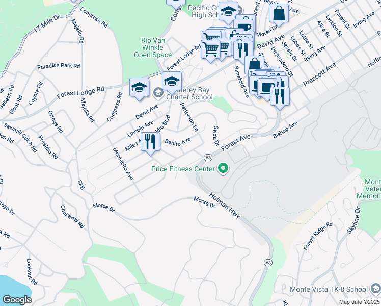 map of restaurants, bars, coffee shops, grocery stores, and more near 1230 Presidio Boulevard in Pacific Grove