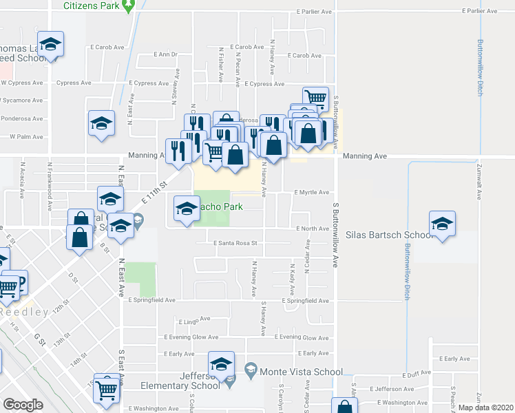 map of restaurants, bars, coffee shops, grocery stores, and more near 641 North Haney Avenue in Reedley