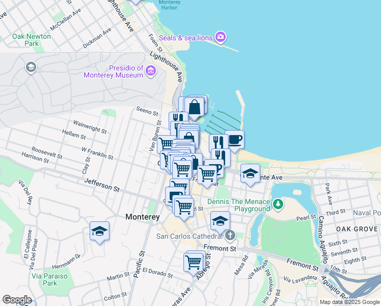 map of restaurants, bars, coffee shops, grocery stores, and more near 298 Tyler Street in Monterey