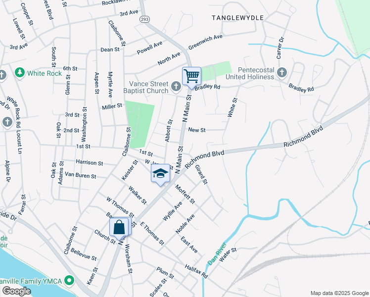 map of restaurants, bars, coffee shops, grocery stores, and more near 1310 North Main Street in Danville