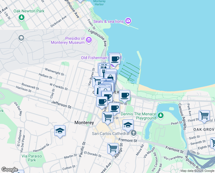 map of restaurants, bars, coffee shops, grocery stores, and more near 2 Portola Plaza in Monterey