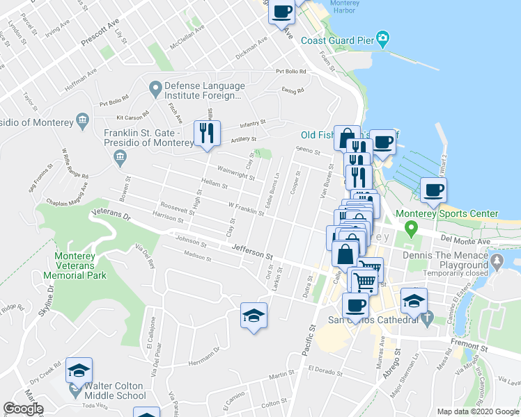 map of restaurants, bars, coffee shops, grocery stores, and more near 798 West Franklin Street in Monterey