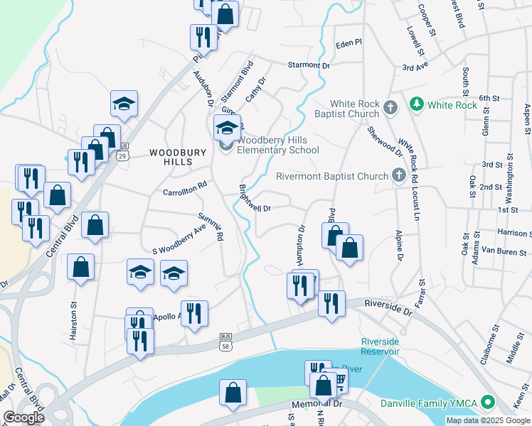 map of restaurants, bars, coffee shops, grocery stores, and more near 233 Brightwell Drive in Danville