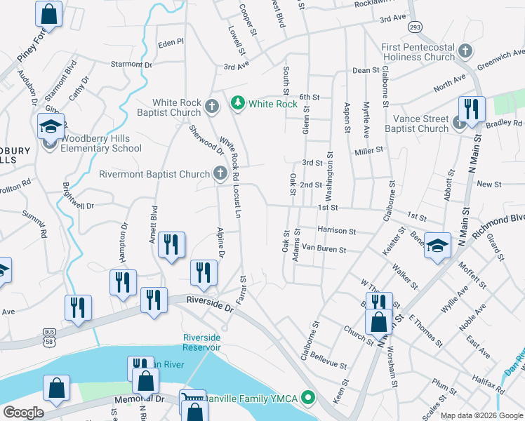 map of restaurants, bars, coffee shops, grocery stores, and more near 175 Sunset Drive in Danville