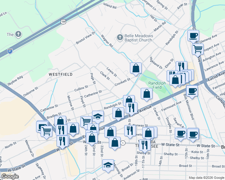map of restaurants, bars, coffee shops, grocery stores, and more near 412 Crockett Street in Bristol