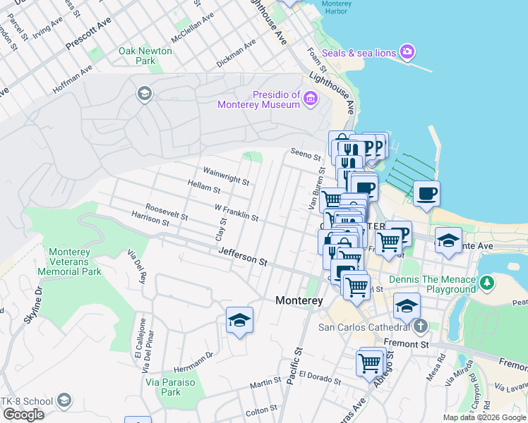 map of restaurants, bars, coffee shops, grocery stores, and more near 376 Watson Street in Monterey