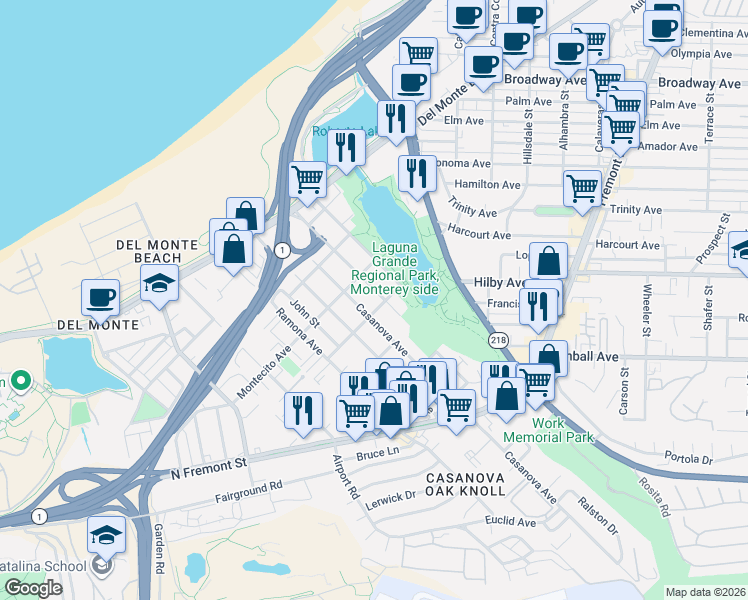 map of restaurants, bars, coffee shops, grocery stores, and more near 426 English Avenue in Monterey