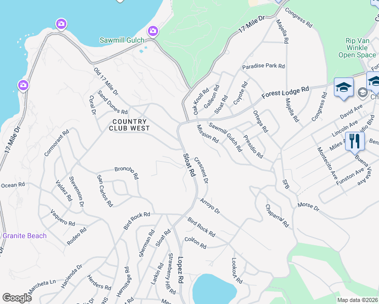 map of restaurants, bars, coffee shops, grocery stores, and more near 2943 Sloat Road in Del Monte Forest