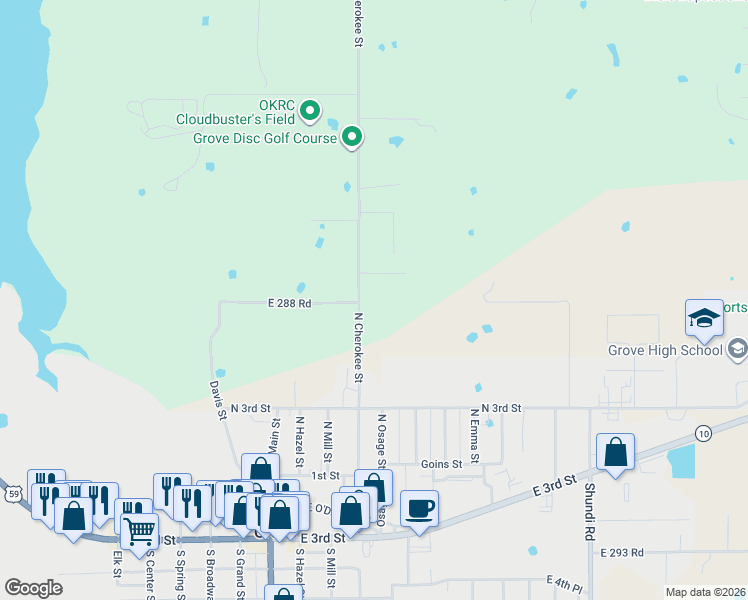 map of restaurants, bars, coffee shops, grocery stores, and more near 28705-28951 North Cherokee Street in Grove