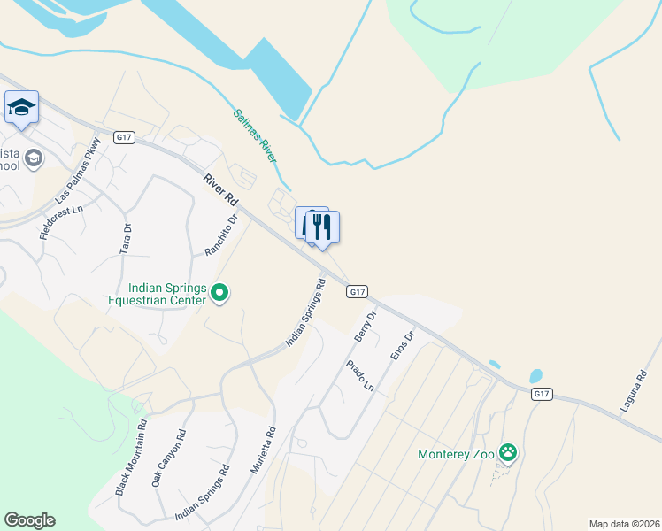 map of restaurants, bars, coffee shops, grocery stores, and more near 277 River Road in Salinas