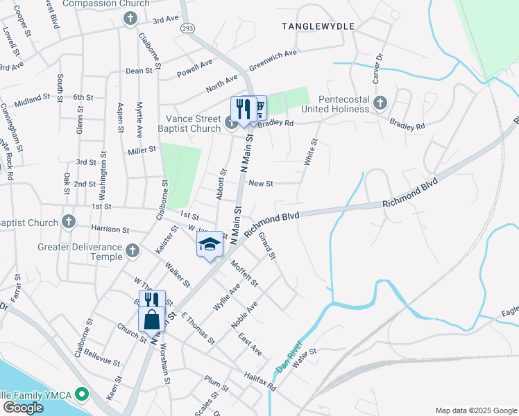 map of restaurants, bars, coffee shops, grocery stores, and more near 116 Phillips Court in Danville