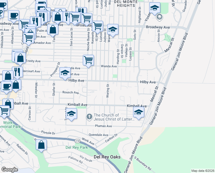 map of restaurants, bars, coffee shops, grocery stores, and more near 1178 Waring Street in Seaside