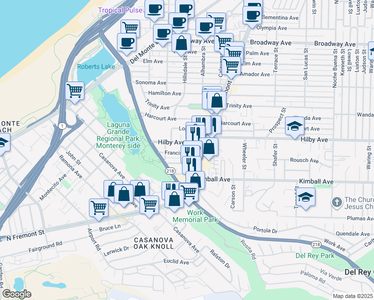map of restaurants, bars, coffee shops, grocery stores, and more near 590 Francis Avenue in Seaside