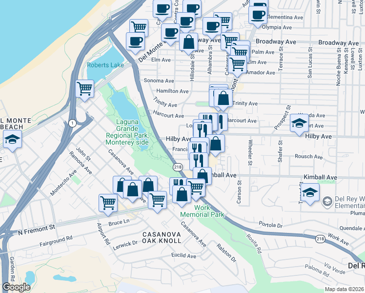 map of restaurants, bars, coffee shops, grocery stores, and more near 590 Francis Avenue in Seaside
