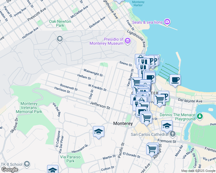 map of restaurants, bars, coffee shops, grocery stores, and more near 766 West Franklin Street in Monterey