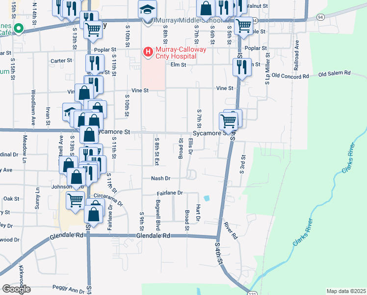 map of restaurants, bars, coffee shops, grocery stores, and more near 606 Ellis Drive in Murray