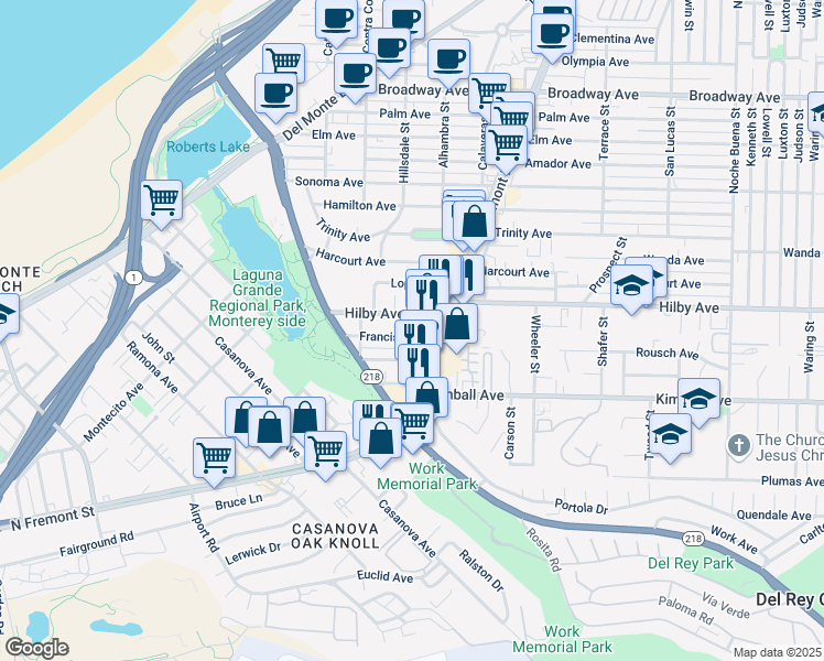 map of restaurants, bars, coffee shops, grocery stores, and more near 590 Francis Avenue in Seaside