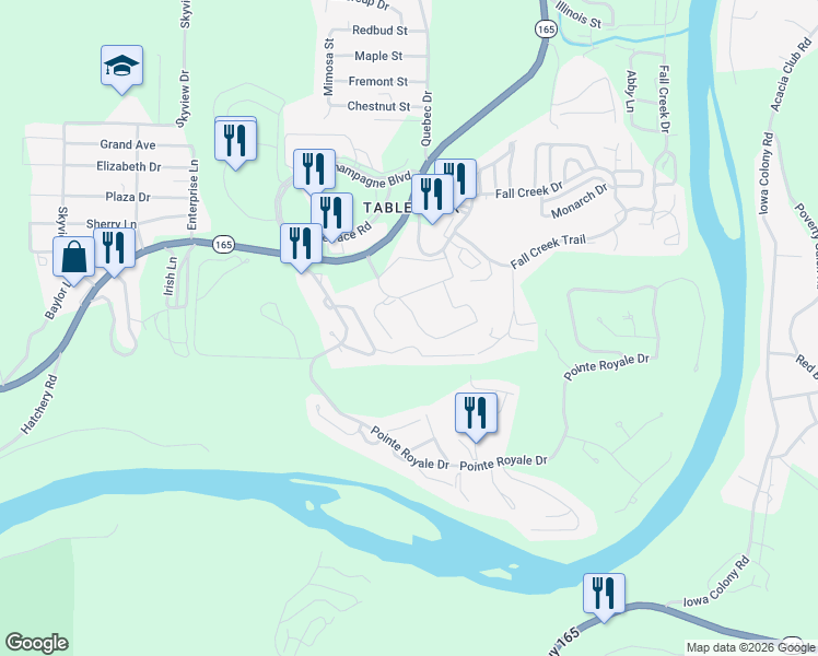 map of restaurants, bars, coffee shops, grocery stores, and more near 215 Meadow Brook in Branson