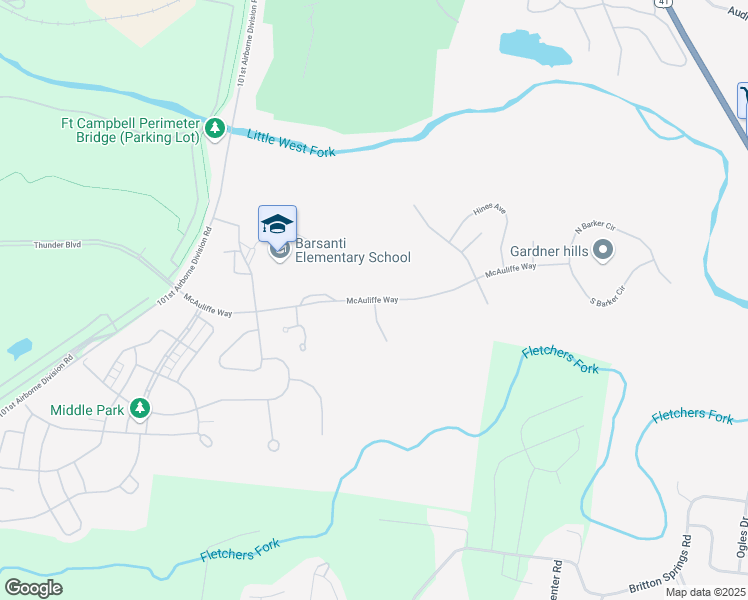 map of restaurants, bars, coffee shops, grocery stores, and more near McAuliffe Way in Fort Campbell