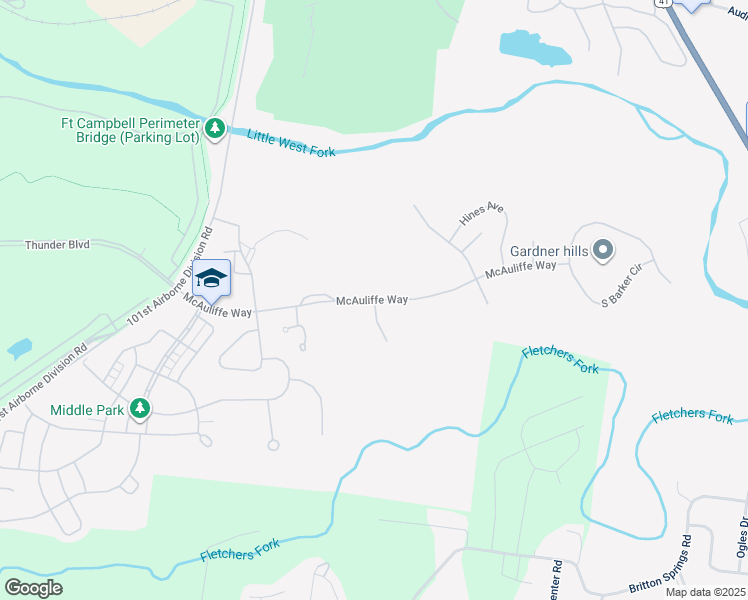 map of restaurants, bars, coffee shops, grocery stores, and more near McAuliffe Way in Fort Campbell