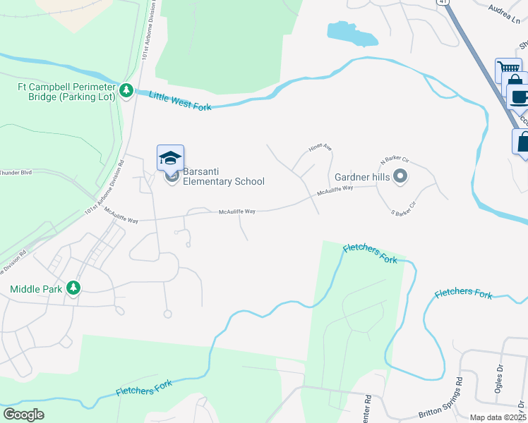 map of restaurants, bars, coffee shops, grocery stores, and more near 7392 McAuliffe Way in Fort Campbell