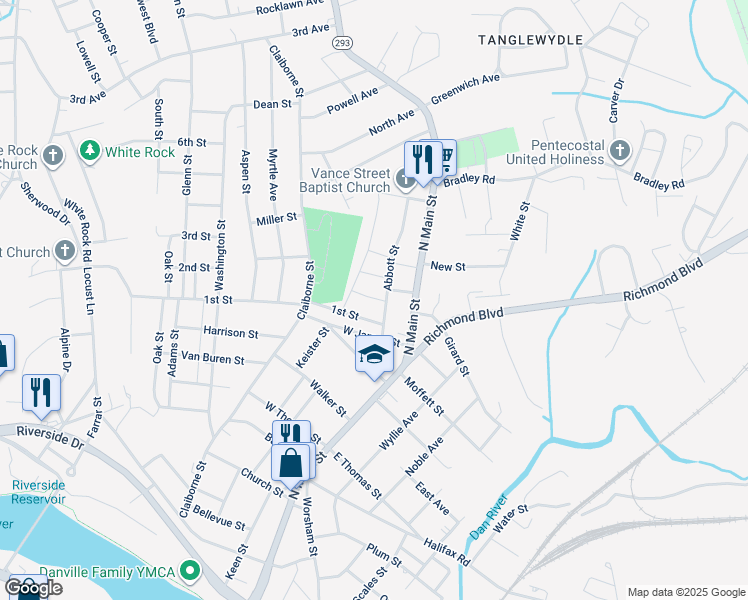 map of restaurants, bars, coffee shops, grocery stores, and more near 1215 Abbott Street in Danville