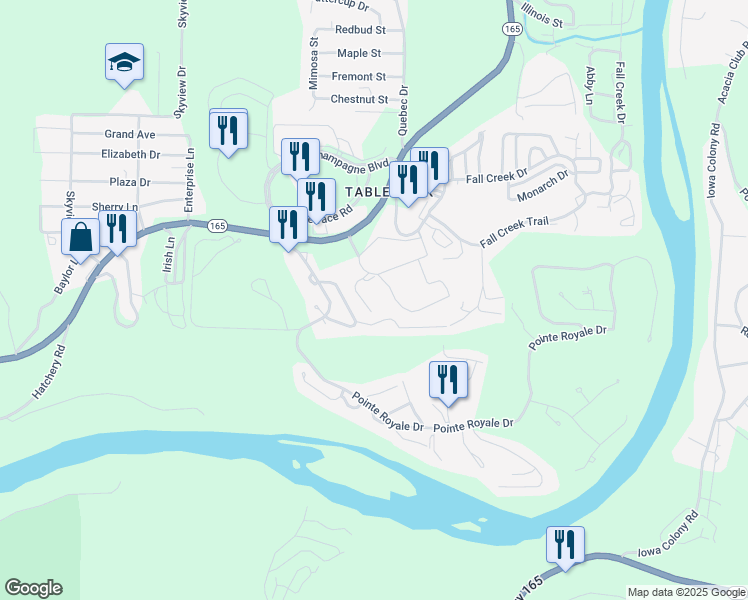 map of restaurants, bars, coffee shops, grocery stores, and more near 195 Meadow Brook in Branson