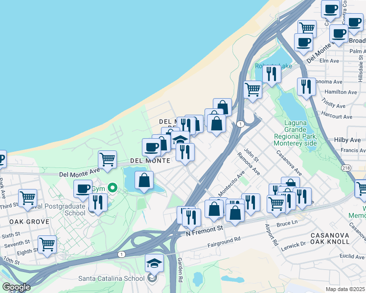 map of restaurants, bars, coffee shops, grocery stores, and more near 207 Casa Verde Way in Monterey