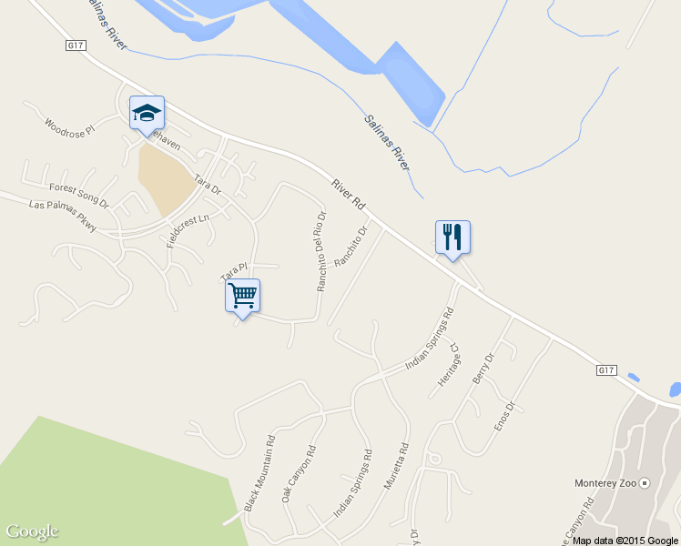 map of restaurants, bars, coffee shops, grocery stores, and more near 22125 Ranchito Drive in Salinas