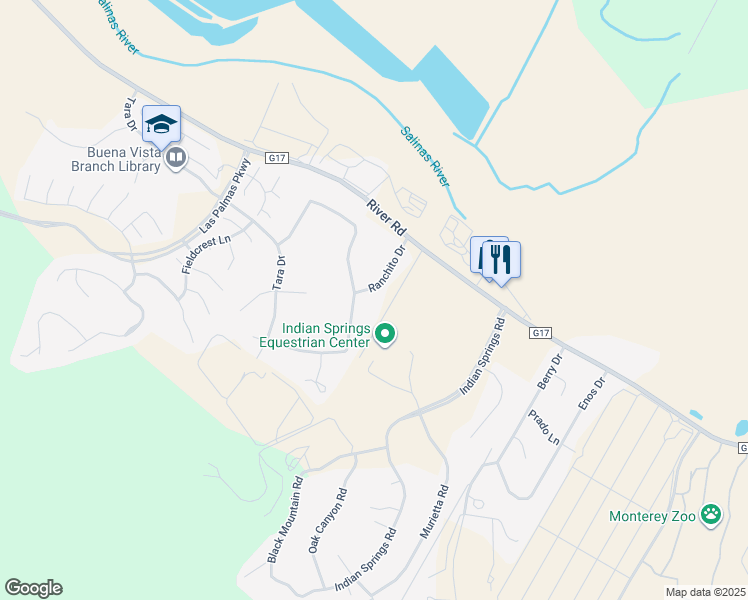 map of restaurants, bars, coffee shops, grocery stores, and more near 22125 Ranchito Drive in Salinas