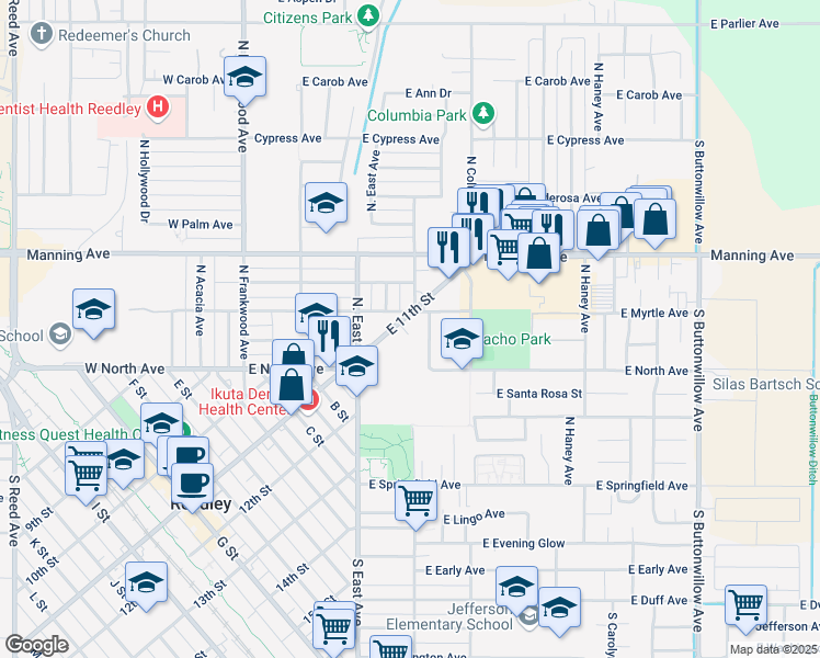 map of restaurants, bars, coffee shops, grocery stores, and more near 589 North Steven Avenue in Reedley