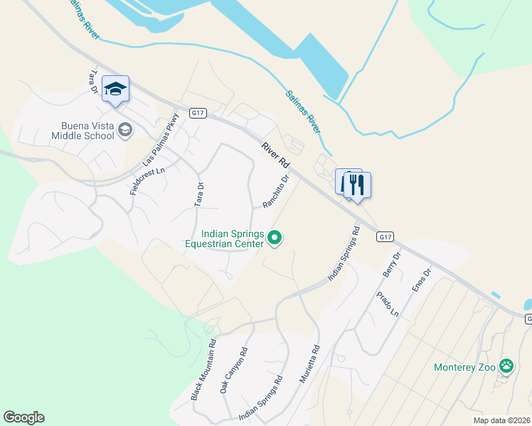 map of restaurants, bars, coffee shops, grocery stores, and more near 18725 Ranchito Del Rio Drive in Salinas