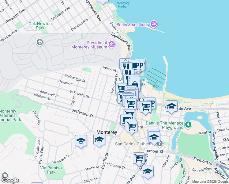 map of restaurants, bars, coffee shops, grocery stores, and more near 301 Van Buren Street in Monterey