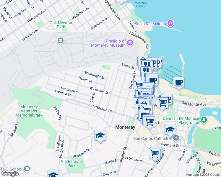 map of restaurants, bars, coffee shops, grocery stores, and more near 766 West Franklin Street in Monterey