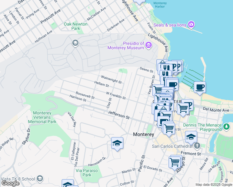 map of restaurants, bars, coffee shops, grocery stores, and more near 899 West Franklin Street in Monterey