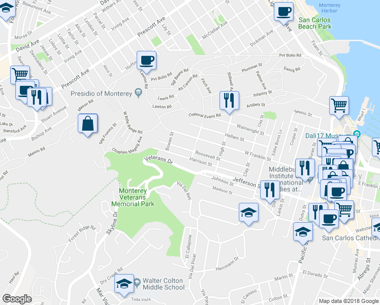 map of restaurants, bars, coffee shops, grocery stores, and more near 1101 Roosevelt Street in Monterey