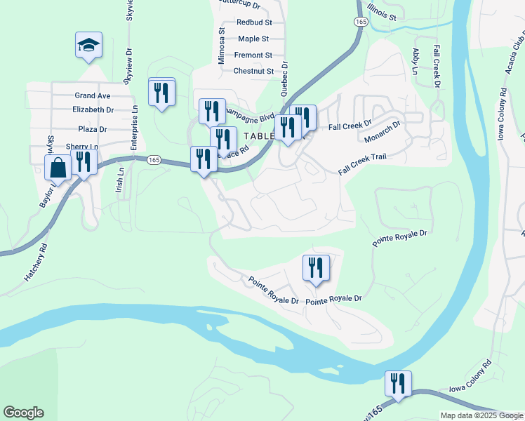 map of restaurants, bars, coffee shops, grocery stores, and more near 195 Meadow Brook in Branson