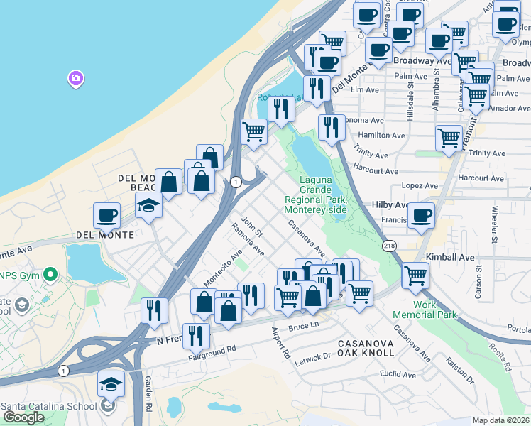 map of restaurants, bars, coffee shops, grocery stores, and more near 361 Hannon Avenue in Monterey