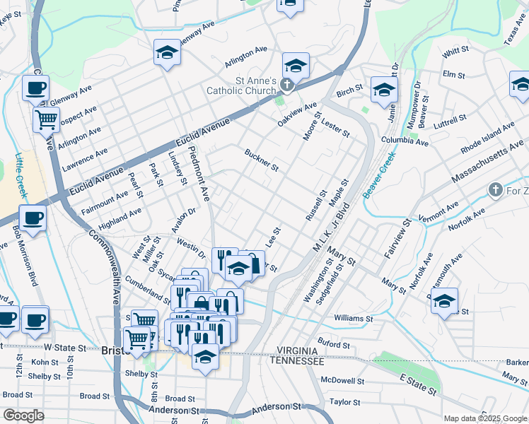 map of restaurants, bars, coffee shops, grocery stores, and more near 599 Moore Street in Bristol