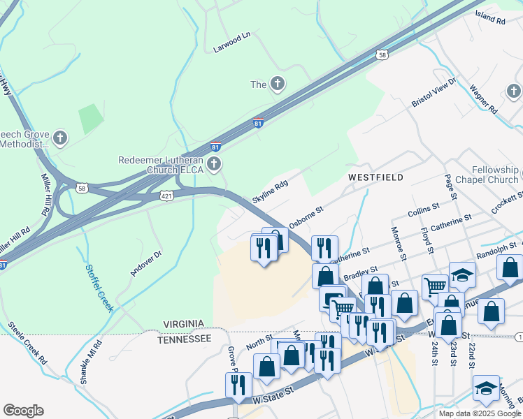 map of restaurants, bars, coffee shops, grocery stores, and more near 801 Gate City Highway in Bristol