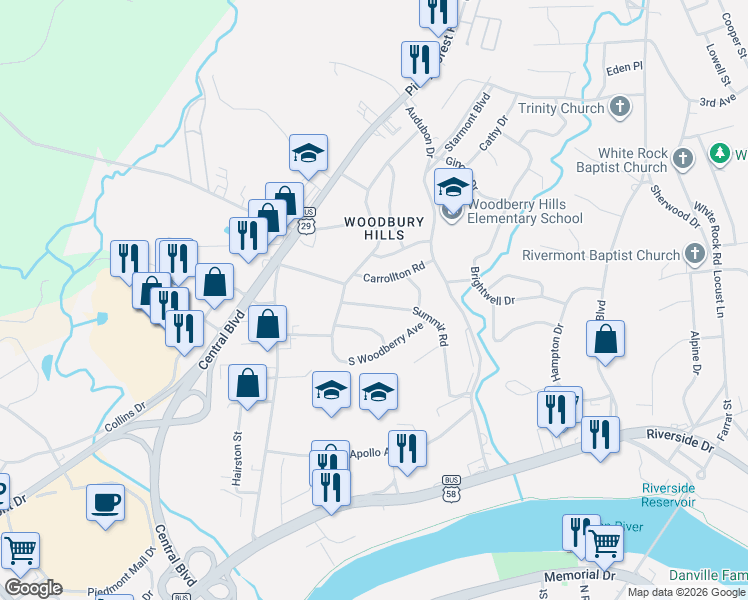 map of restaurants, bars, coffee shops, grocery stores, and more near 100-198 Summit Road in Danville