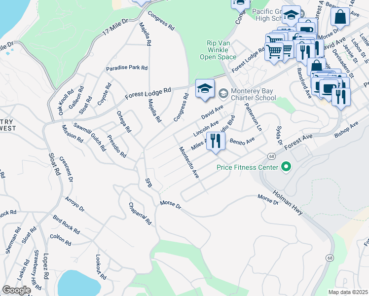 map of restaurants, bars, coffee shops, grocery stores, and more near 1119 Montecito Avenue in Pacific Grove