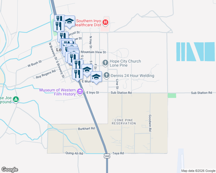 map of restaurants, bars, coffee shops, grocery stores, and more near 600 South Lake View Street in Lone Pine