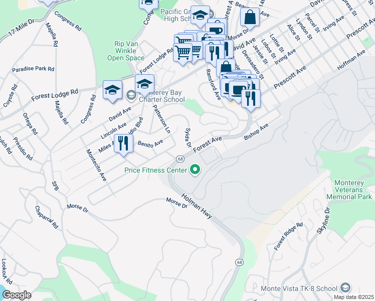 map of restaurants, bars, coffee shops, grocery stores, and more near 993 Ransford Court in Pacific Grove