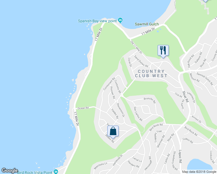 map of restaurants, bars, coffee shops, grocery stores, and more near 3017 Cormorant Road in Del Monte Forest